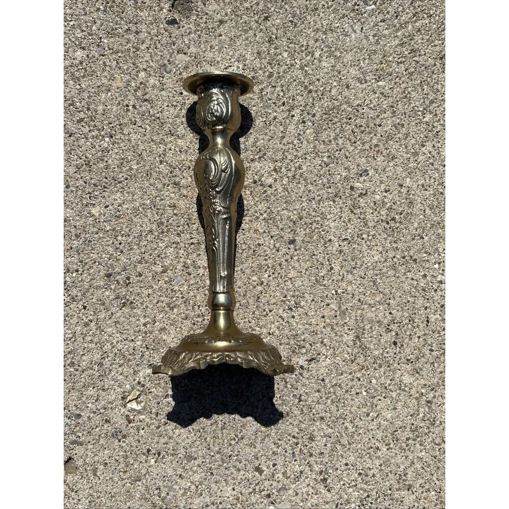 Vintage Brass Candlestick Rococo Baroque Floral Taper India Victorian Heavy